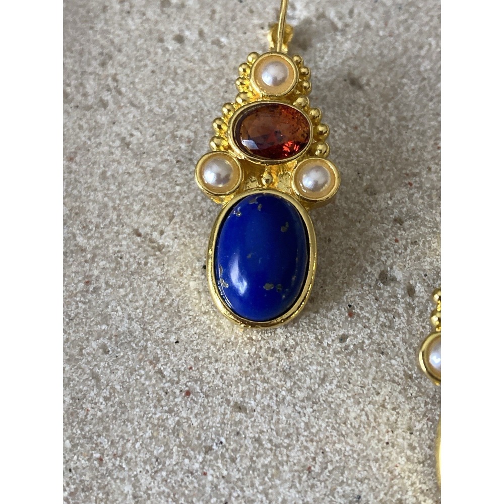 Gold Tone Cobalt Blue Dangle Earrings Cabochon Red Faux Pearl Leverback - Picture 4 of 6